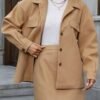Solid Elegant Two-piece Set, Button Front Long Sleeve Jacket & High Waist Mini Skirts Outfits, Women's Clothing