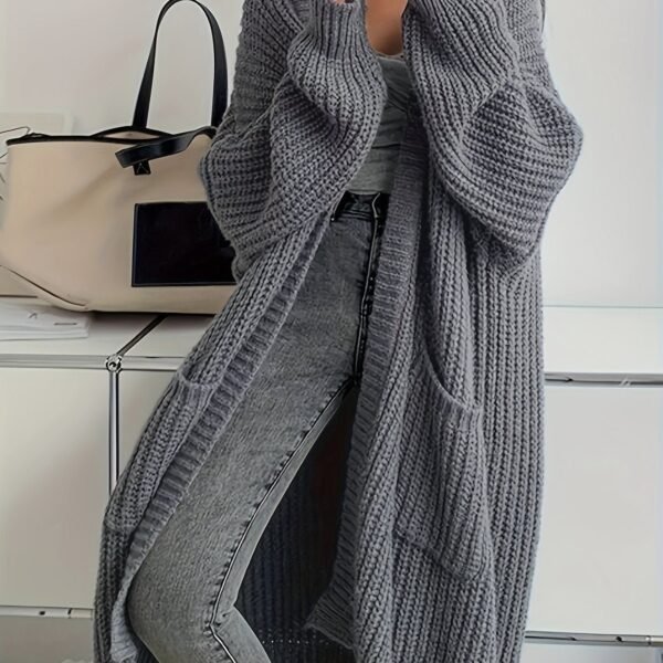 Solid Color Open Front Knitted Cardigan, Casual Long Sleeve Long Length Cardigan For Spring & Fall, Women's Clothing