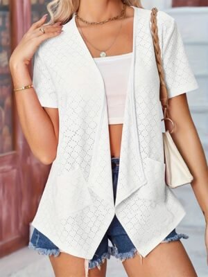 Pockets Open Front Cardigan, Casual Short Sleeve Cardigan For Spring & Summer, Women's Clothing