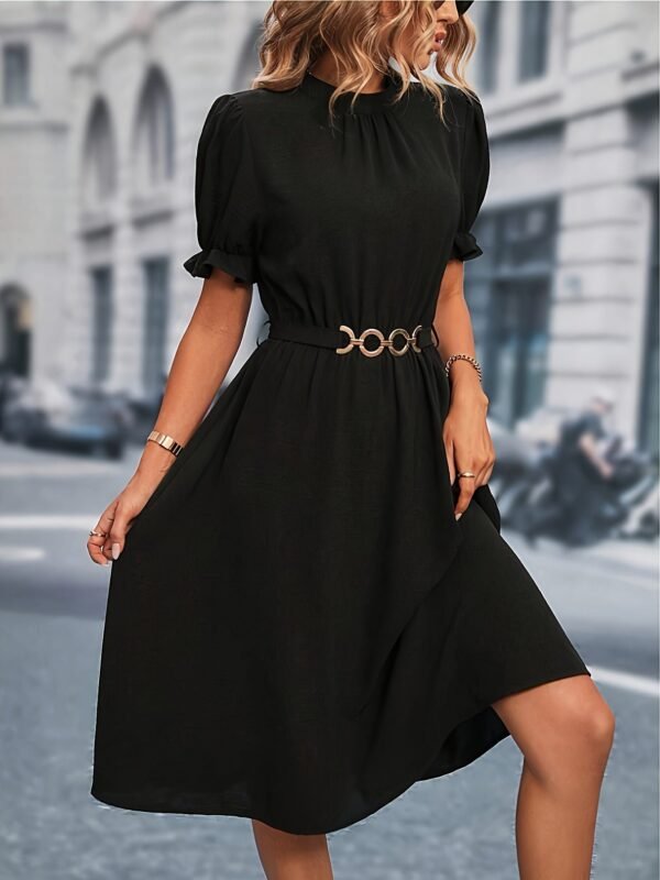 Chain Belted Puff Sleeve Dress, Elegant Summer Mock Neck Knee Length Dress For Spring & Summer, Women's Clothing