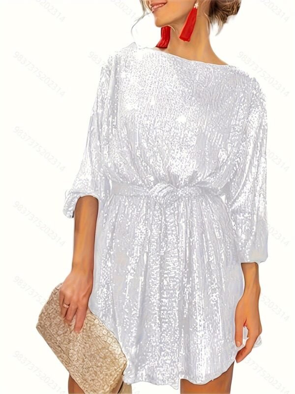 Sequined Tie Waist Dress, Elegant Solid Dress For Club & Party, Women's Clothing