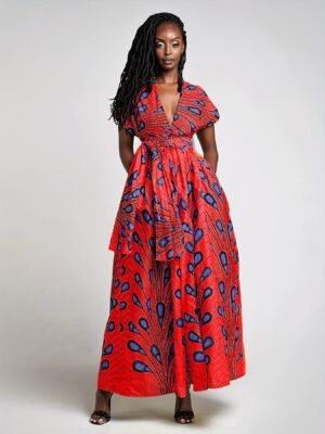 35e505be48a3274d4e8b531e0da14f9b-1.jpg Abstract Print Split Thigh Dress, Boho Plunging High Waist Maxi Dress, Women's Clothing