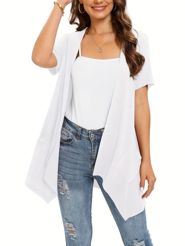 Dual Pockets Open Front Coat, Casual Short Sleeve Coat For Spring & Summer, Women's Clothing