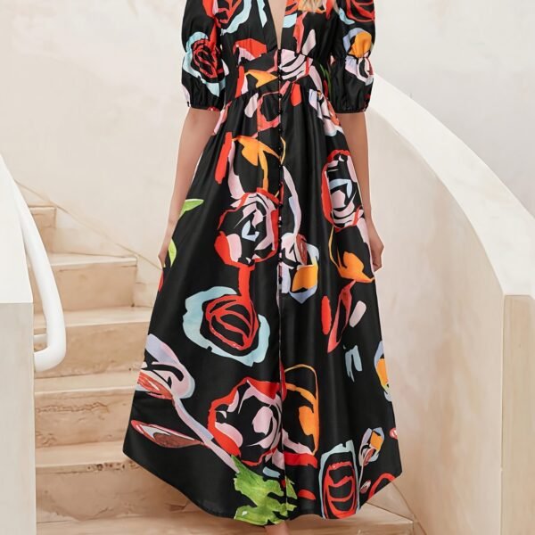 Allover Print V-neck Dress, Elegant Short Sleeve A-line Dress For Spring & Summer, Women's Clothing