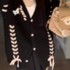 Lace Up Button Down Knit Cardigan, Casual Long Sleeve Loose Sweater, Women's Clothing