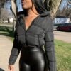 Zipper Warm Puffer Jackets For Winter Hiking Ski, Solid Color Crop Puffer Coat, Women's Clothing for Koningsdag/King's Day