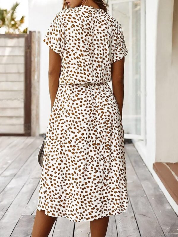 Spot Print Tie Waist Button Up Dress, Casual Short Sleeve Dress For Spring & Summer, Women's Clothing