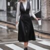 Faux Leather Button Decor Dress, Stylish Plunge Neck A-line Dress, Women's Clothing