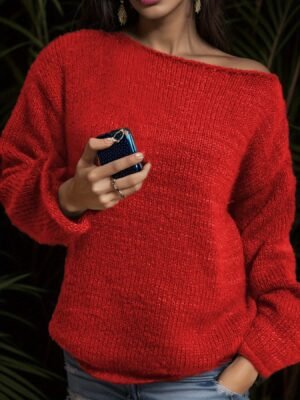 Solid Boat Neck Pullover Sweater, Casual Long Sleeve Drop Shoulder Loose Sweater, Women's Clothing