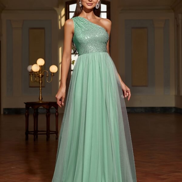 Sequin One Shoulder Contrast Mesh Dress, Elegant Sleeveless Floor Length Formal Dress For Party & Banquet, Women's Clothing For Party Dressing