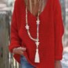 Solid V Neck Knitted Pullover Sweater, Casual Long Sleeve Sweater For Spring & Fall, Women's Clothing