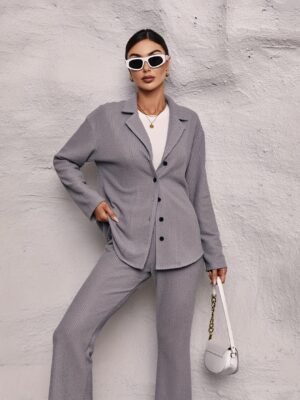 Solid Casual Two-piece Set, Button Up Long Sleeve Top & Pants Outfits, Women's Clothing