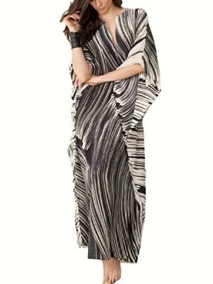 Plus Size Striped Notched Neck Coverup Dress, Vacation Batwing Sleeve Maxi Dress For Beachwear, Women's Clothing