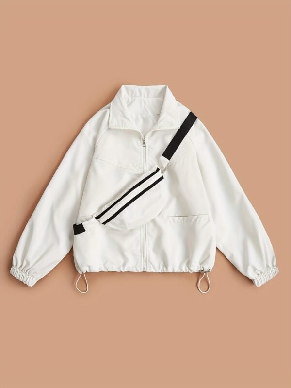 3ca8d9c0a3cf3c635467a2581807eaaf-1.jpg Solid Zip Up Jacket, Casual Long Sleeve Windproof Daily Outerwear With Bag, Women's Clothing