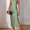 Crew Neck Side Split Dress, Elegant Solid Back Keyhole Sleeveless Tank Dress, Women's Clothing
