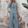 Button Decor Casual Pants Set, Short Sleeve Top & Split Hem Pants Outfits For Spring & Summer, Women's Clothing