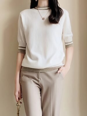 Contrast Trim Mock Neck Sweater, Casual Half Sleeve Pullover Sweater For Spring & Summer, Women's Clothing