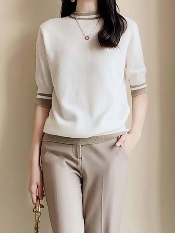 Contrast Trim Mock Neck Sweater, Casual Half Sleeve Pullover Sweater For Spring & Summer, Women's Clothing