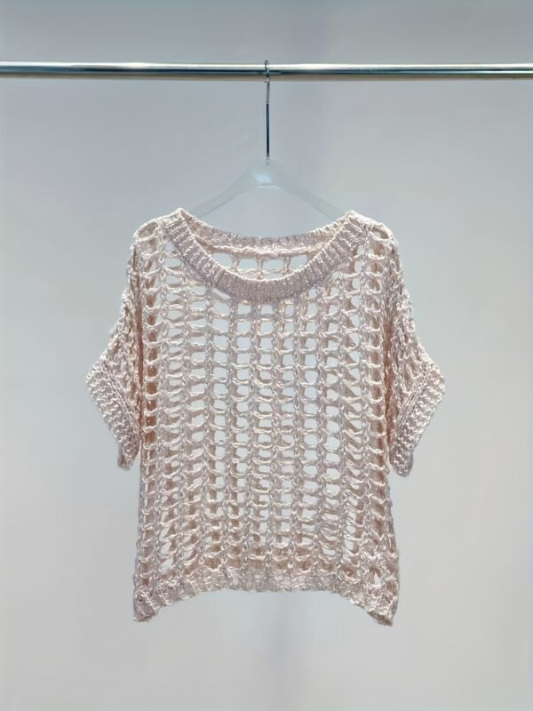 Hollow Out Crochet Crew Neck Sweater, Casual Short Sleeve Knit Top For Spring & Summer, Women's Clothing