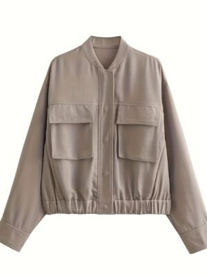 Solid Color Open Front Jacket, Vintage Flap Pockets Long Sleeve Jacket For Spring & Fall, Women's Clothing
