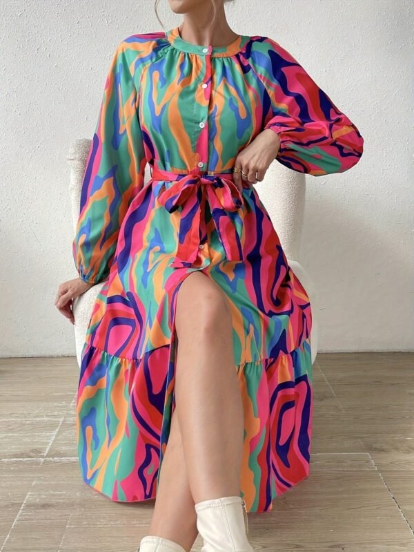 Abstract Print Crew Neck Dress, Elegant Long Sleeve Belted Dress For Spring & Fall, Women's Clothing