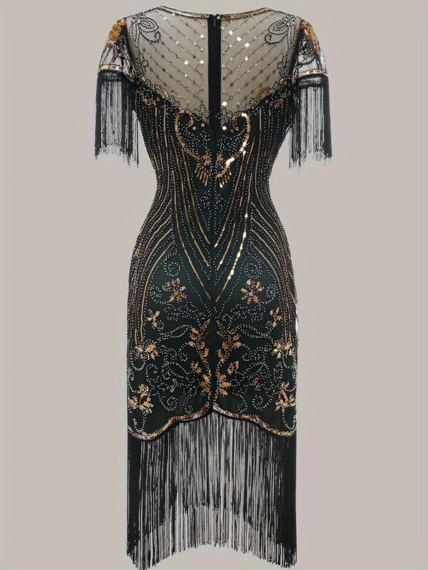 Tassel Sequined V Neck Dress, Elegant Crew Neck Short Sleeve Dress For Party & Banquet, Women's Clothing