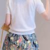 Floral & Mushroom Pattern V Neck Cardigan, Casual Beaded Button Short Sleeve Sweater For Spring & Summer, Women's Clothing