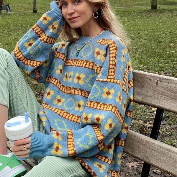 Plus Size Casual Sweater, Women's Plus Colorblock Floral Print Long Sleeve Round Neck Jumper