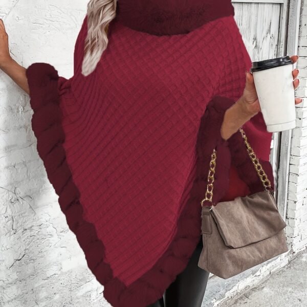 Fur-Trim Hanky Hem Pullover Sweater, Elegant Long Sleeve Turtle Neck Sweater For Winter, Women's Clothing