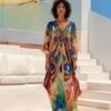 Plus Size Colorful Butterfly Print Slit Dress, Casual Batwing Sleeve Dress For Spring & Summer, Women's Plus Size Clothing