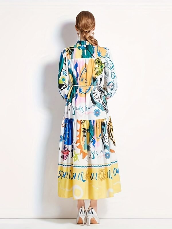 Graphic Print Button Front Dress, Casual Long Sleeve Tie Waist Dress For Spring & Fall, Women's Clothing