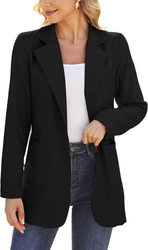 Women Open Front Blazers Long Sleeve Casual OL Office Slim Buttonless Suit Jacket with Pockets