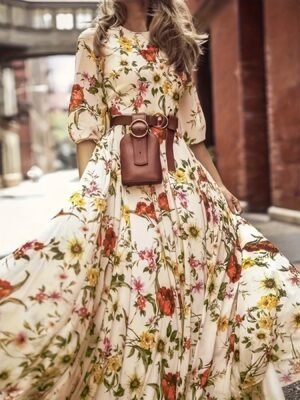 Floral Print A-line Dress, Elegant Crew Neck Half Sleeve Dress For Spring & Summer, Women's Clothing