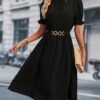 Chain Belted Puff Sleeve Dress, Elegant Summer Mock Neck Knee Length Dress For Spring & Summer, Women's Clothing