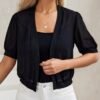 Solid Color Open Front Jacket, Elegant Short Sleeve Jacket For Spring & Fall, Women's Clothing
