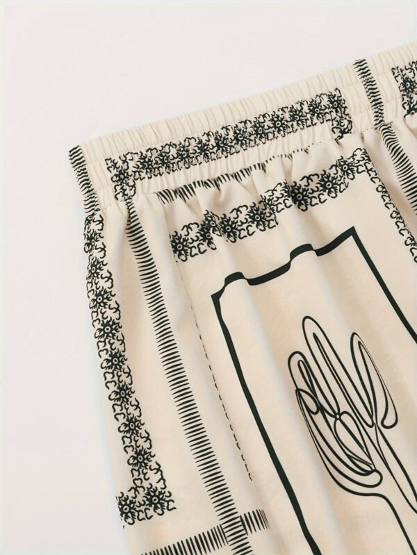 Elegant Abstract Print Pants Set, Long Sleeve Button Front Shirt & Straight Leg Loose Pants Summer Outfits, Women's Clothing