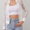 Lightweight Semi Transparent Mesh Panel Jacket, Stylish Long Sleeve Zipped Solid Color Jacket For Spring & Fall, Women's Clothing