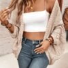 Solid Color Open Front Cardigans, Casual Cut Out Long Sleeve Knitted Shawl Outside Knit Cardigan Top For Spring & Summer, Women's Clothing