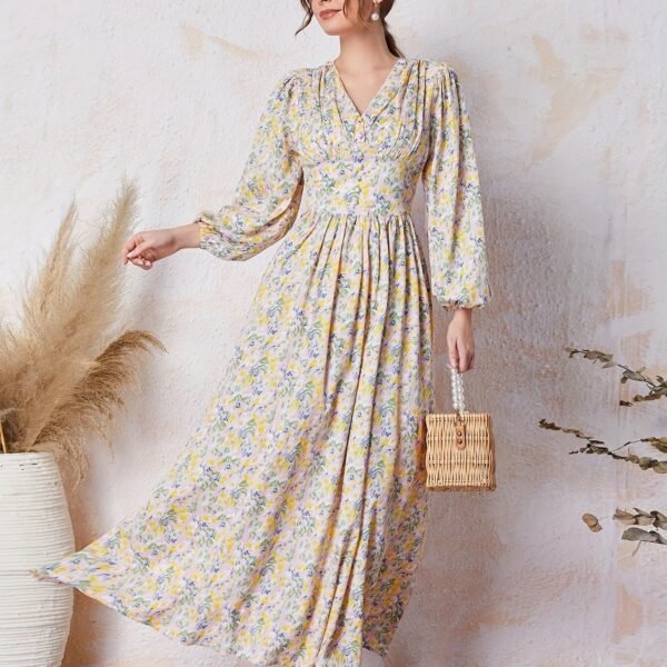 Floral Print V Neck Dress, Elegant Long Sleeve Dress For Spring & Summer, Women's Clothing