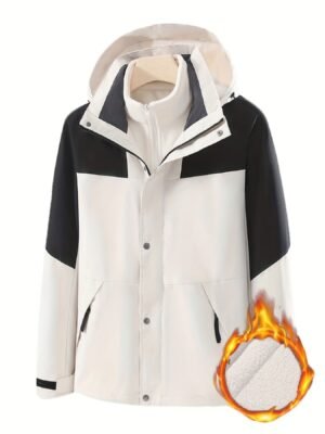 58940672ade7d914931ad2588ef94314-1.jpg 3-in-1 Color Block Warm Punch Jacket, Casual Waterproof Windproof Jacket, Removable Liner Hooded Ski Coat, Women's Outdoor Clothing