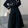 Elegant Button Front Contrast Trim Skirt Set, Long Sleeve Jacket & Pleated Midi Skirt Outfits, Women's Clothing