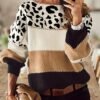 59796b91de48835b69f5cec8a6f2515e-1.jpg Stylish Color Block Leopard Print Sweater, Crew Neck Long Sleeve Sweater, Casual Tops For Fall & Winter, Women's Clothing