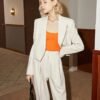 Solid Color Two-piece Suit Set, Open Front Lapel Crop Blazer & Loose Pants Outfits, Women's Clothing