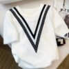 Color Block Crew Neck Knitted Sweater, Casual Short Sleeve Top For Spring & Summer, Women's Clothing