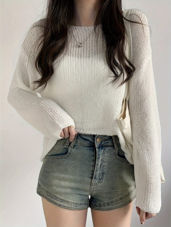 Solid Crew Neck Knitted Top, Casual Long Sleeve Thin Sweater, Women's Clothing