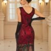 Fringe Hem Sequin Decor Flapper Dress, Retro Sleeveless V Neck Tank Slim Dress For Party & Banquet, Women's Clothing