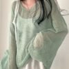 Solid Knitted Pullover Top, Casual Crew Neck Long Sleeve Crochet Coverup Top, Women's Clothing
