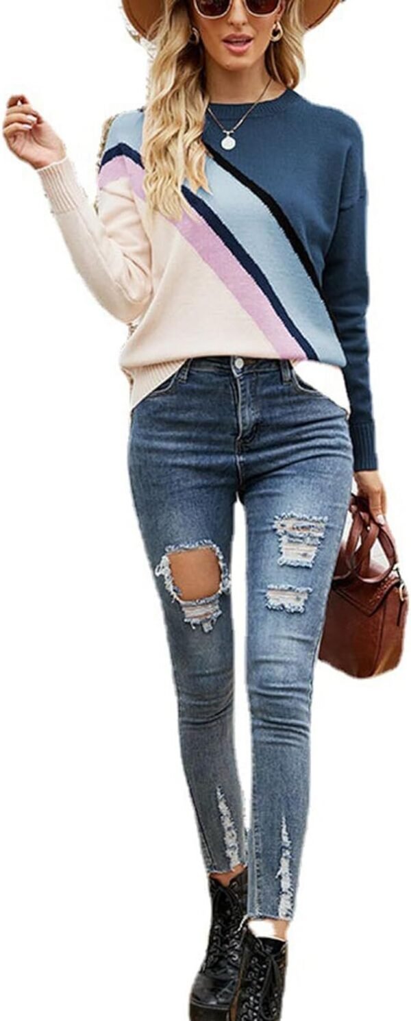 610NwnBoXAL._AC_SL1500.jpg Women Crewneck Knitwear Fashion Colorblock Casual Sweater Loose Fit Pullover Knitwear Warm Soft Fabric Long Sleeve Sweater (Blue)