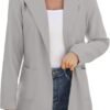 Women Open Front Blazers Long Sleeve Casual OL Office Slim Buttonless Suit Jacket with Pockets