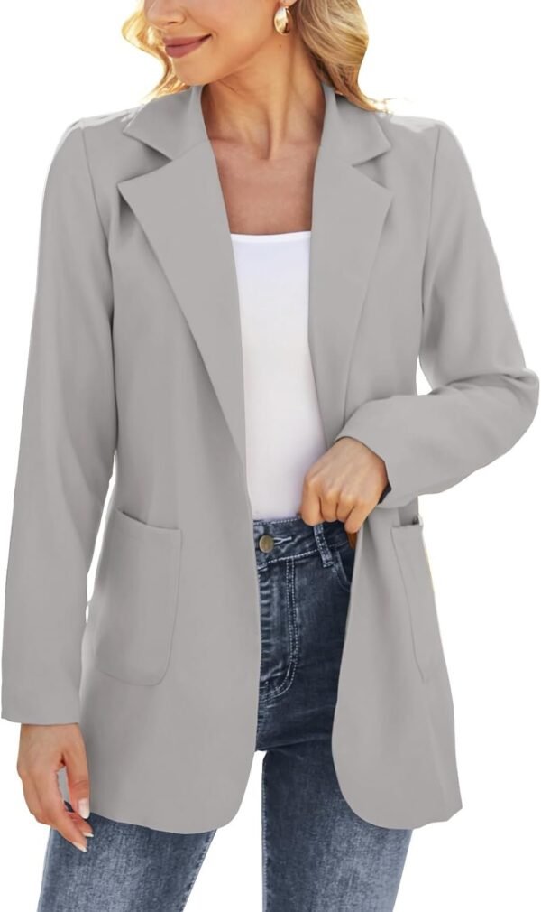 Women Open Front Blazers Long Sleeve Casual OL Office Slim Buttonless Suit Jacket with Pockets
